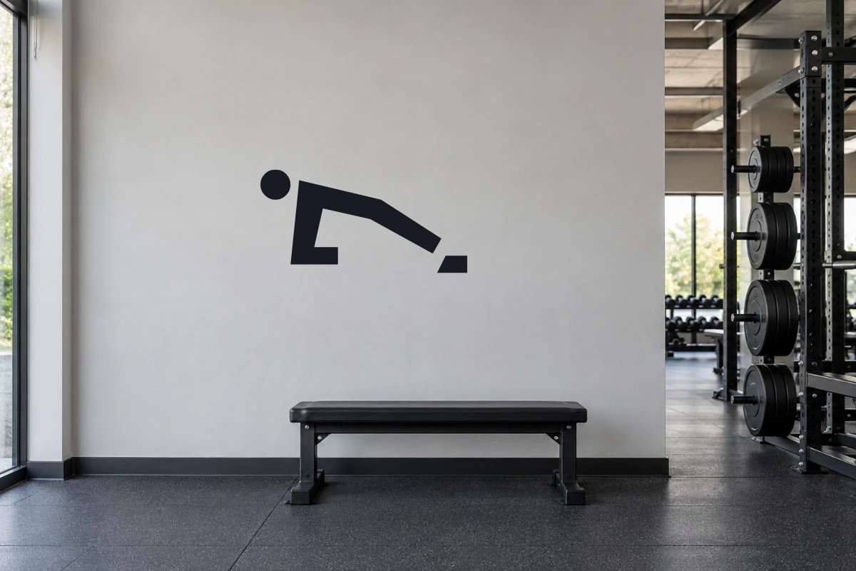 Push Up Stabilita | Adesivo originale per palestre - simulazione fotografica di posa dello stesso disegno vettoriale, colori e proporzioni fedeli; scala ambientata indicativa