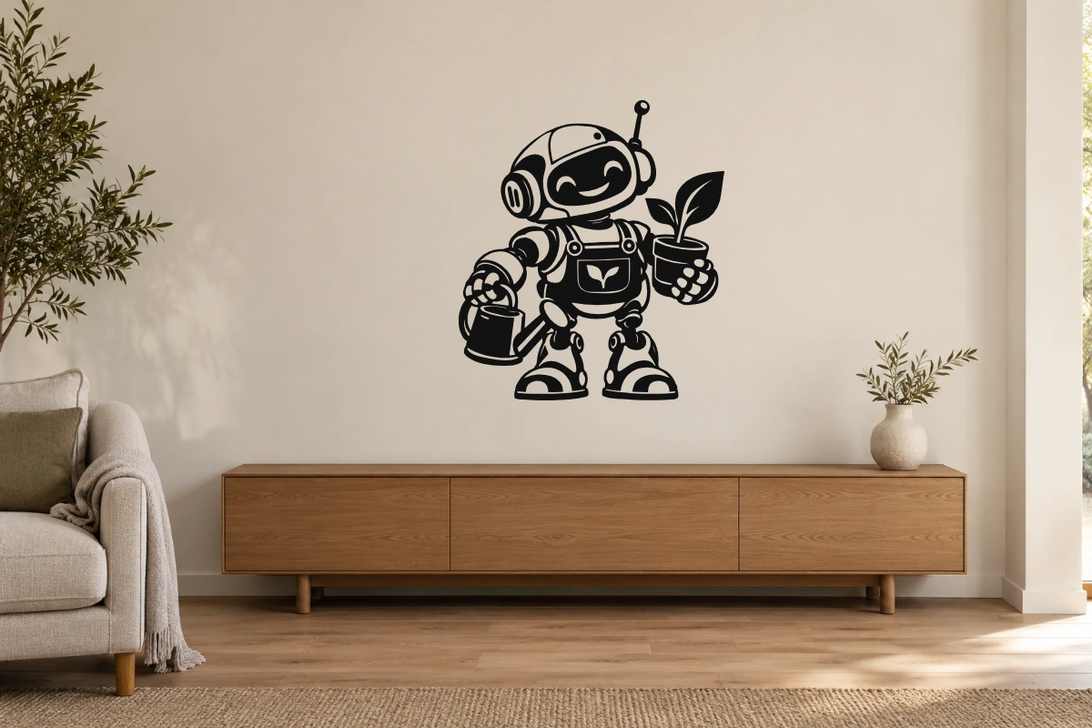 Otto, robot giardiniere - stesso adesivo in ambiente realistico studio; scala indicativa, arredi esclusi