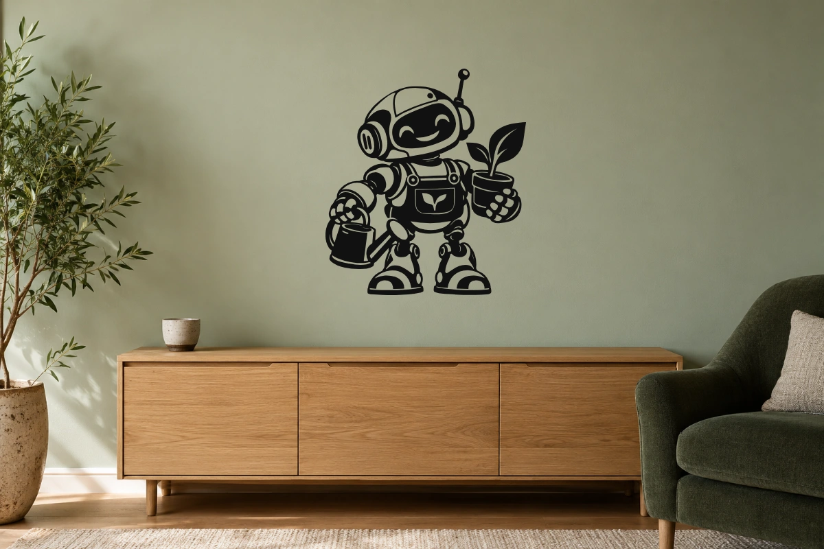 Otto, robot giardiniere - stesso adesivo in ambiente realistico soggiorno; scala indicativa, arredi esclusi