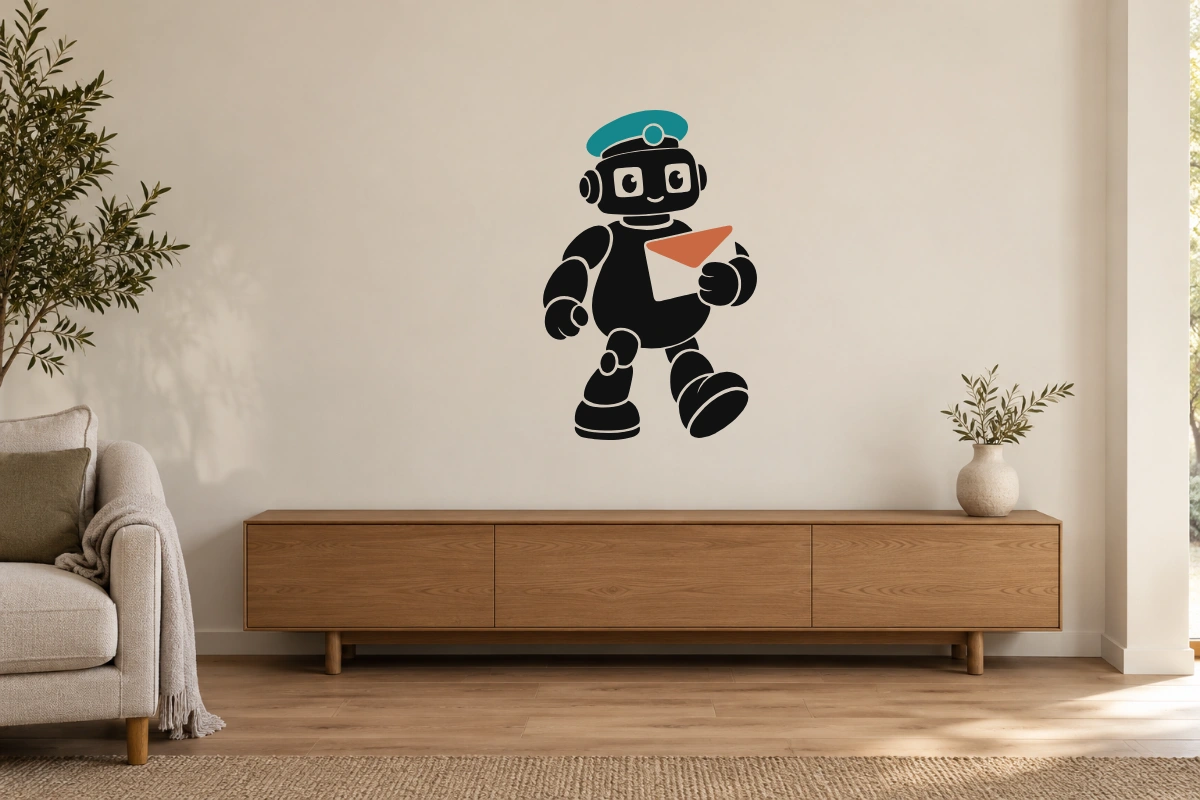 Momo, robot postino - stesso adesivo in ambiente realistico studio; scala indicativa, arredi esclusi
