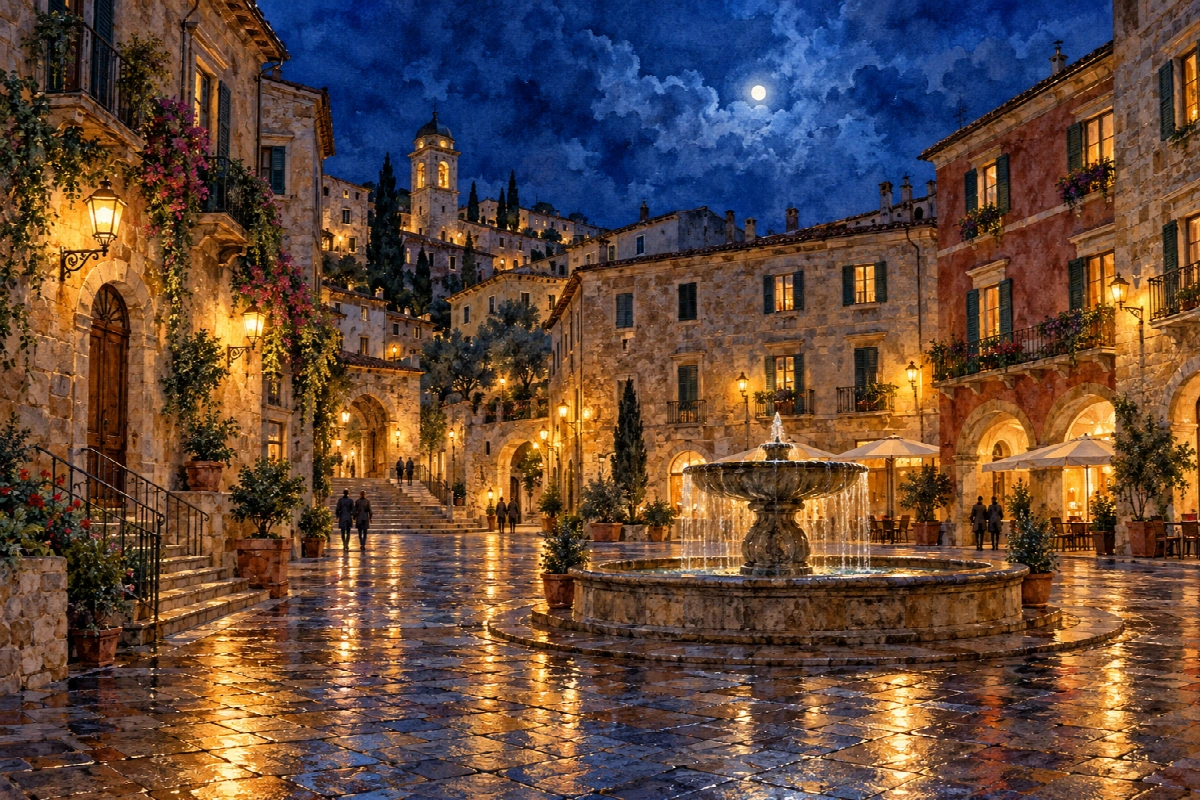 Piazza delle lanterne blu | Stampa su tela città di notte acquerello