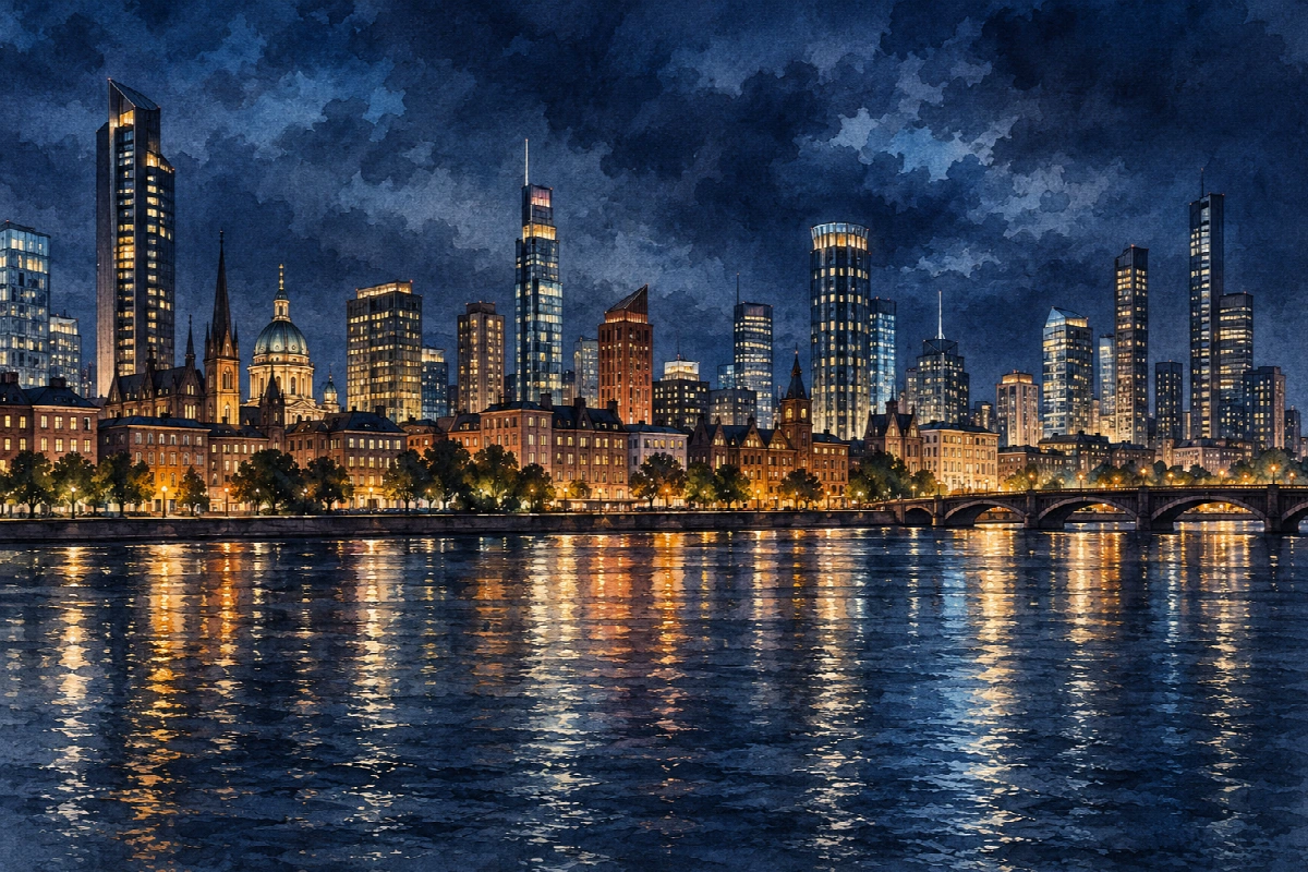 Skyline sul fiume d’argento | Stampa su tela città di notte acquerello