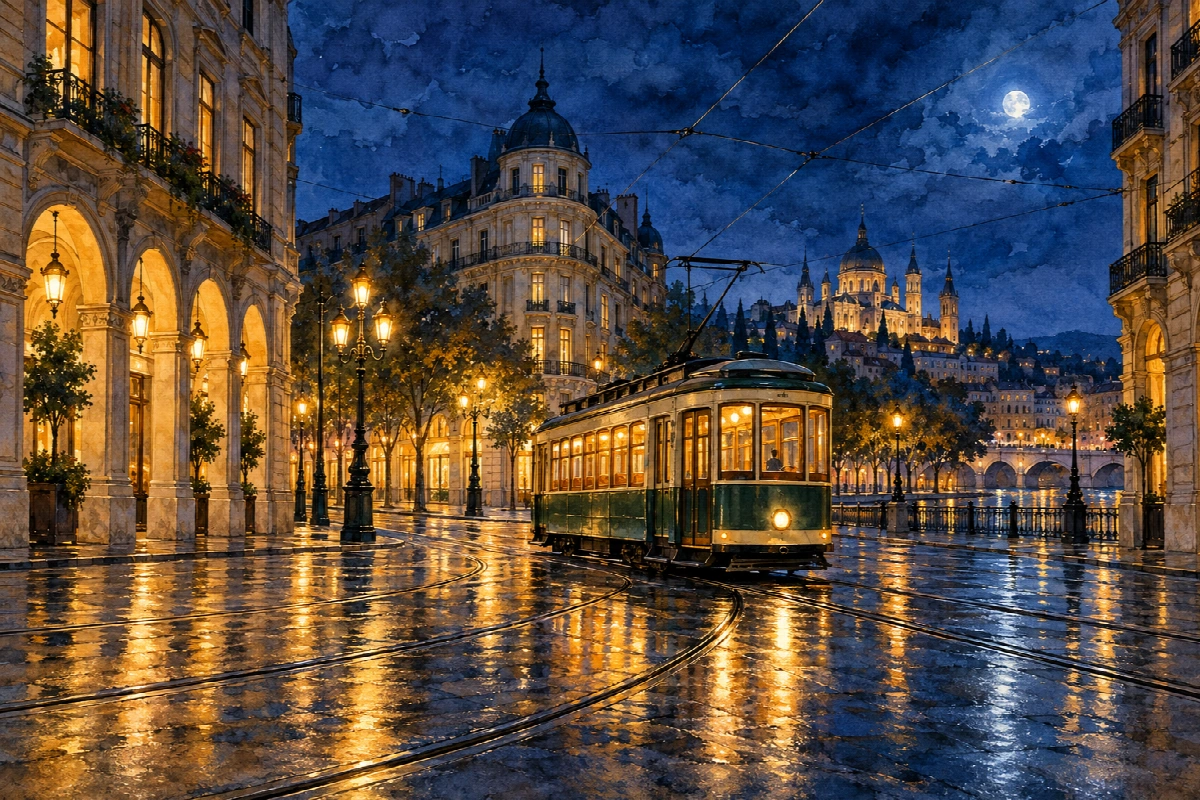 Tram nell’ora blu | Stampa su tela città di notte acquerello