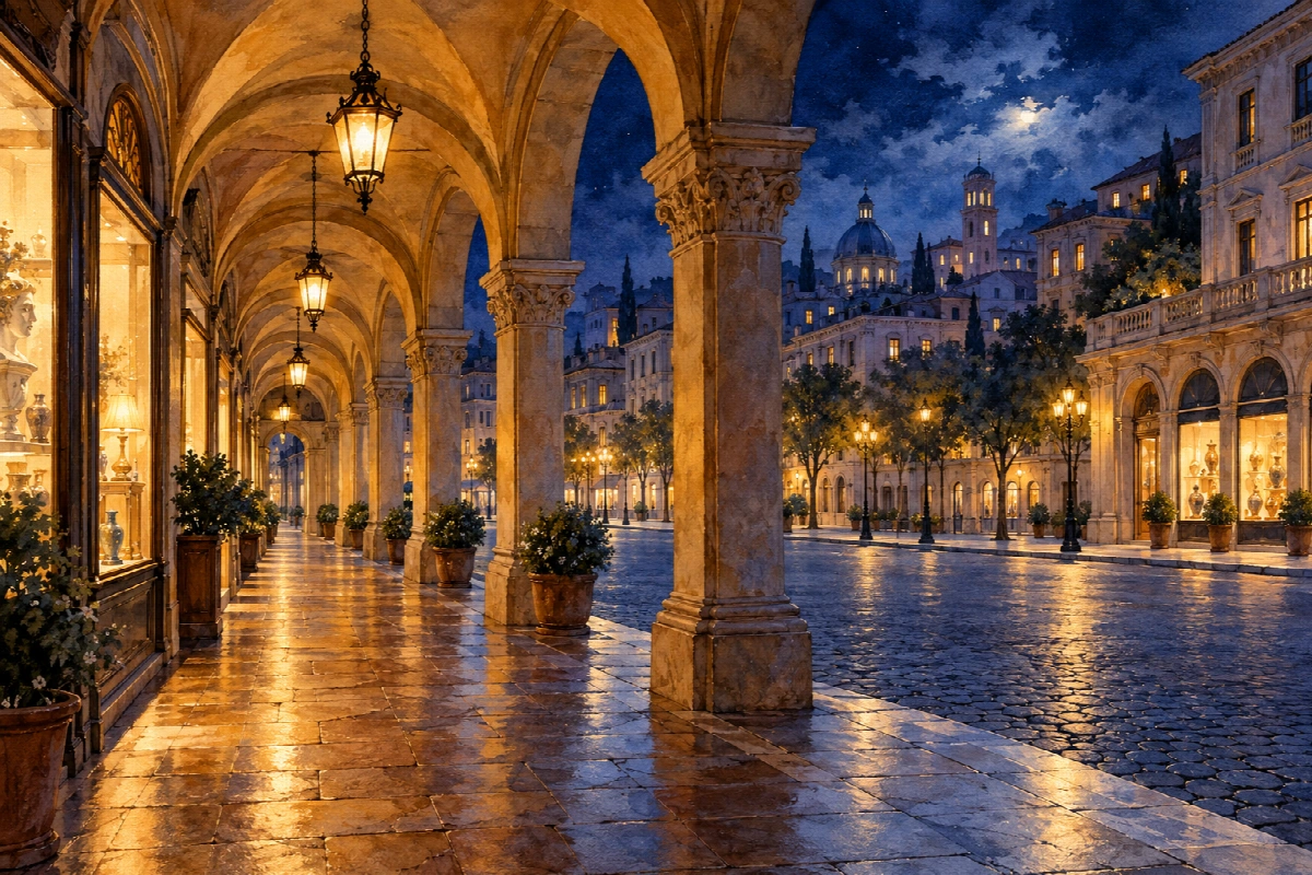 Portici d’ambra | Stampa su tela città di notte acquerello