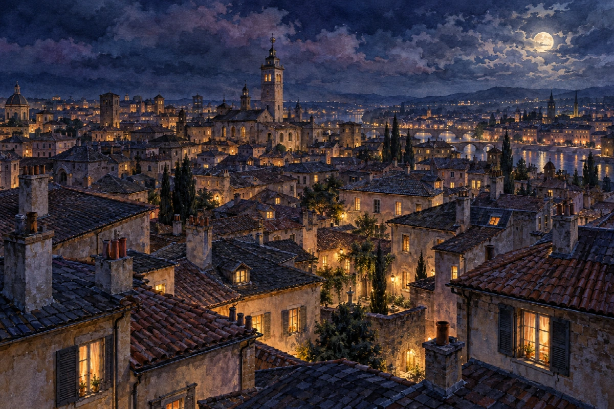 Tetti nella luna velata | Stampa su tela città di notte acquerello
