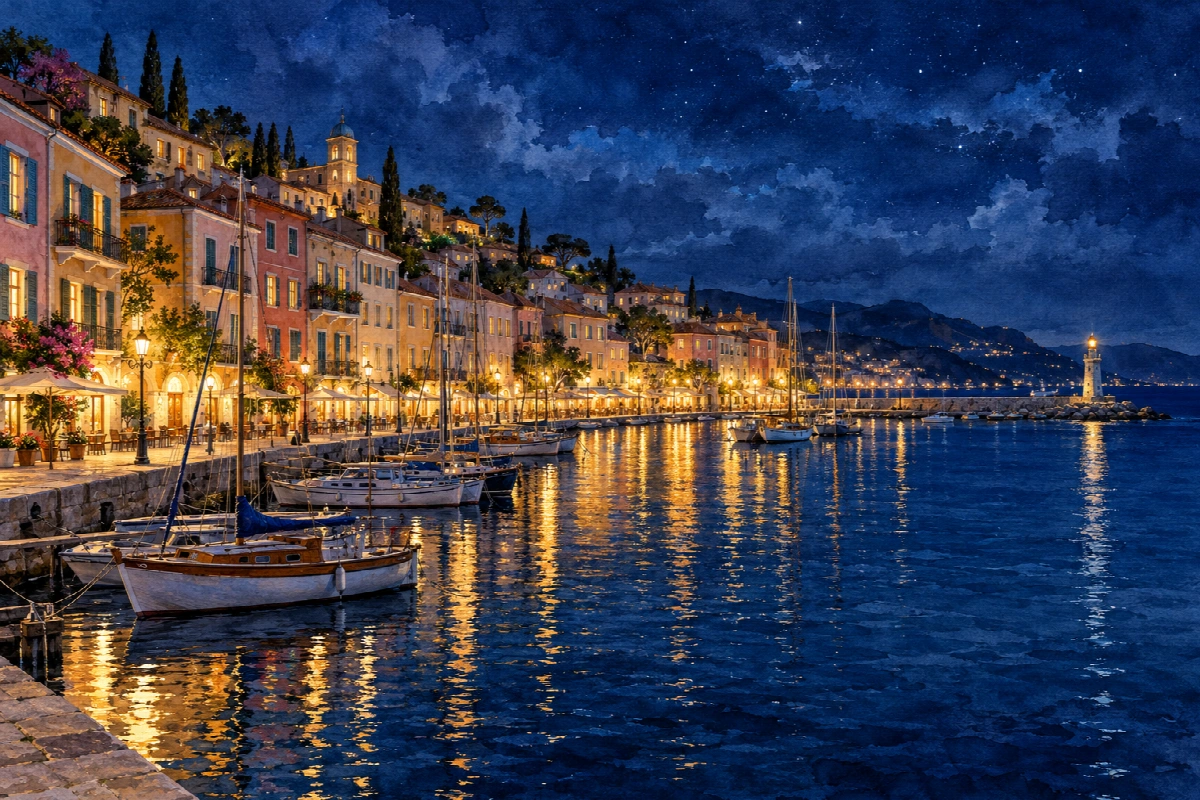 Marina delle case illuminate | Stampa su tela città di notte acquerello