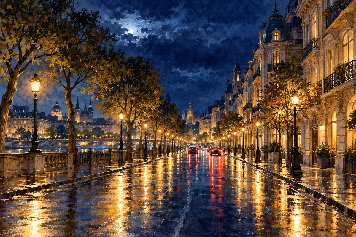 Boulevard dei riflessi | Stampa su tela città di notte acquerello