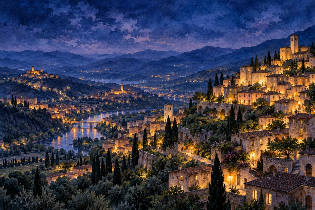 Città sulla collina viola | Stampa su tela città di notte acquerello