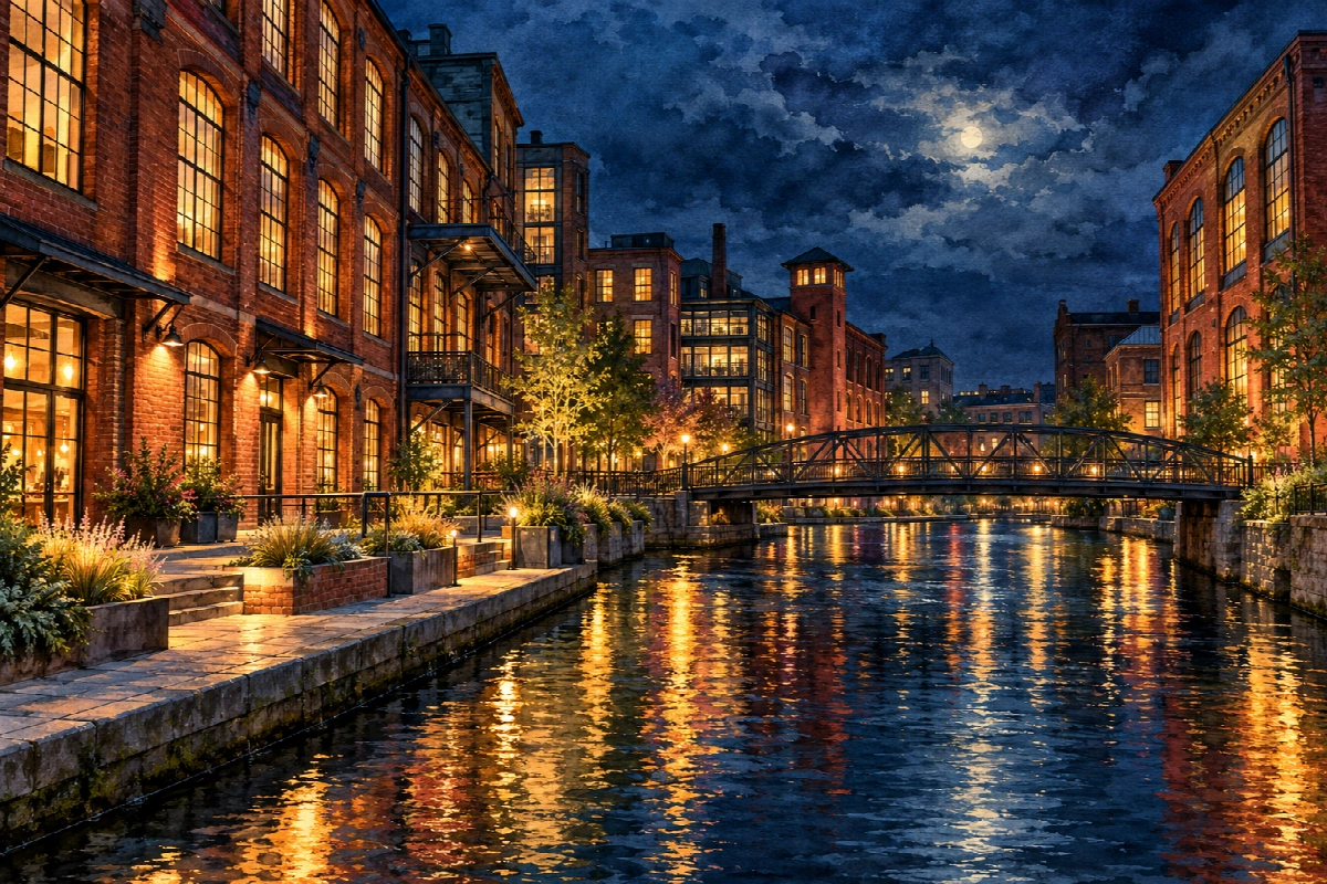 Quartiere delle vecchie officine | Stampa su tela città di notte acquerello