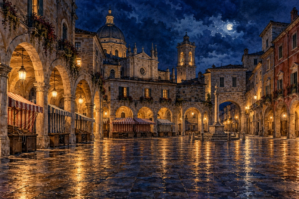 Mercato dopo la chiusura | Stampa su tela città di notte acquerello