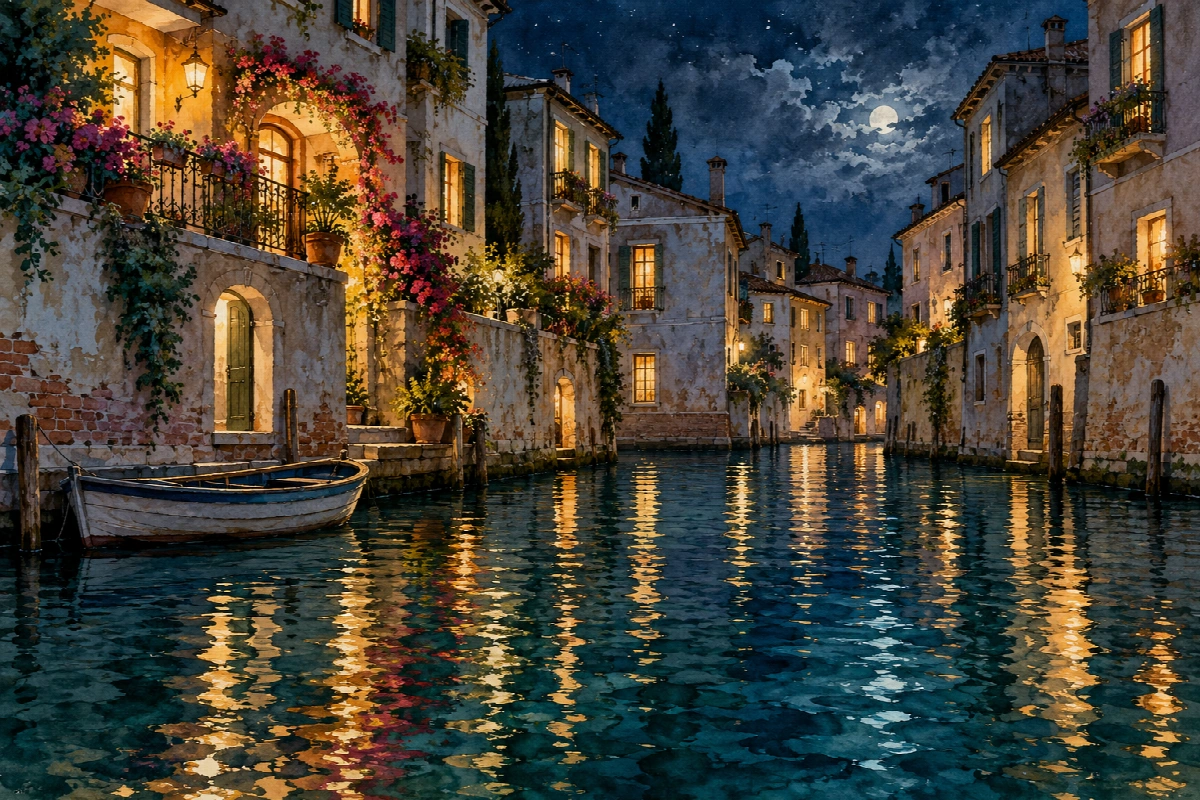 Canale delle terrazze fiorite | Stampa su tela città di notte acquerello