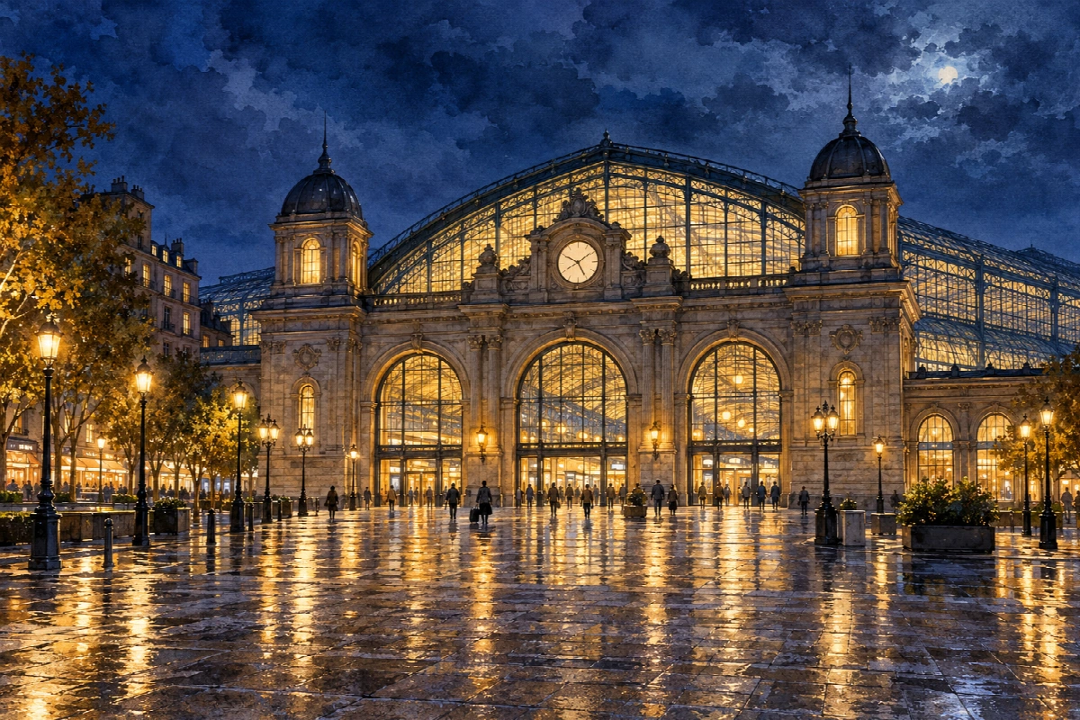 Stazione delle notti lunghe | Stampa su tela città di notte acquerello