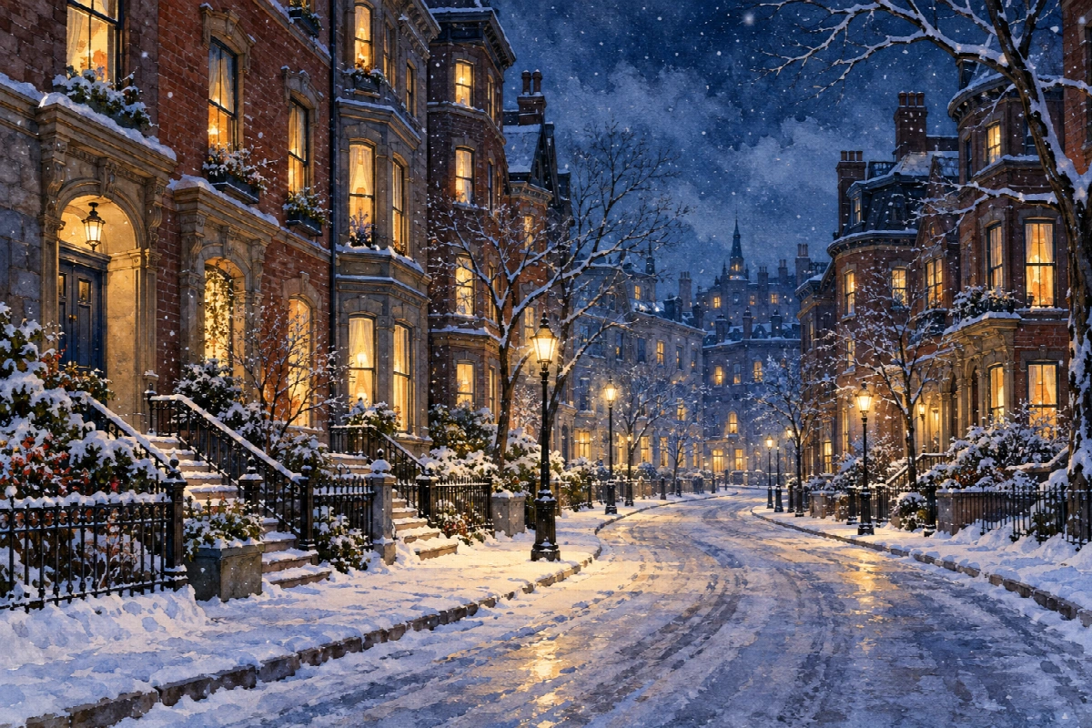 Prima neve sui quartieri | Stampa su tela città di notte acquerello