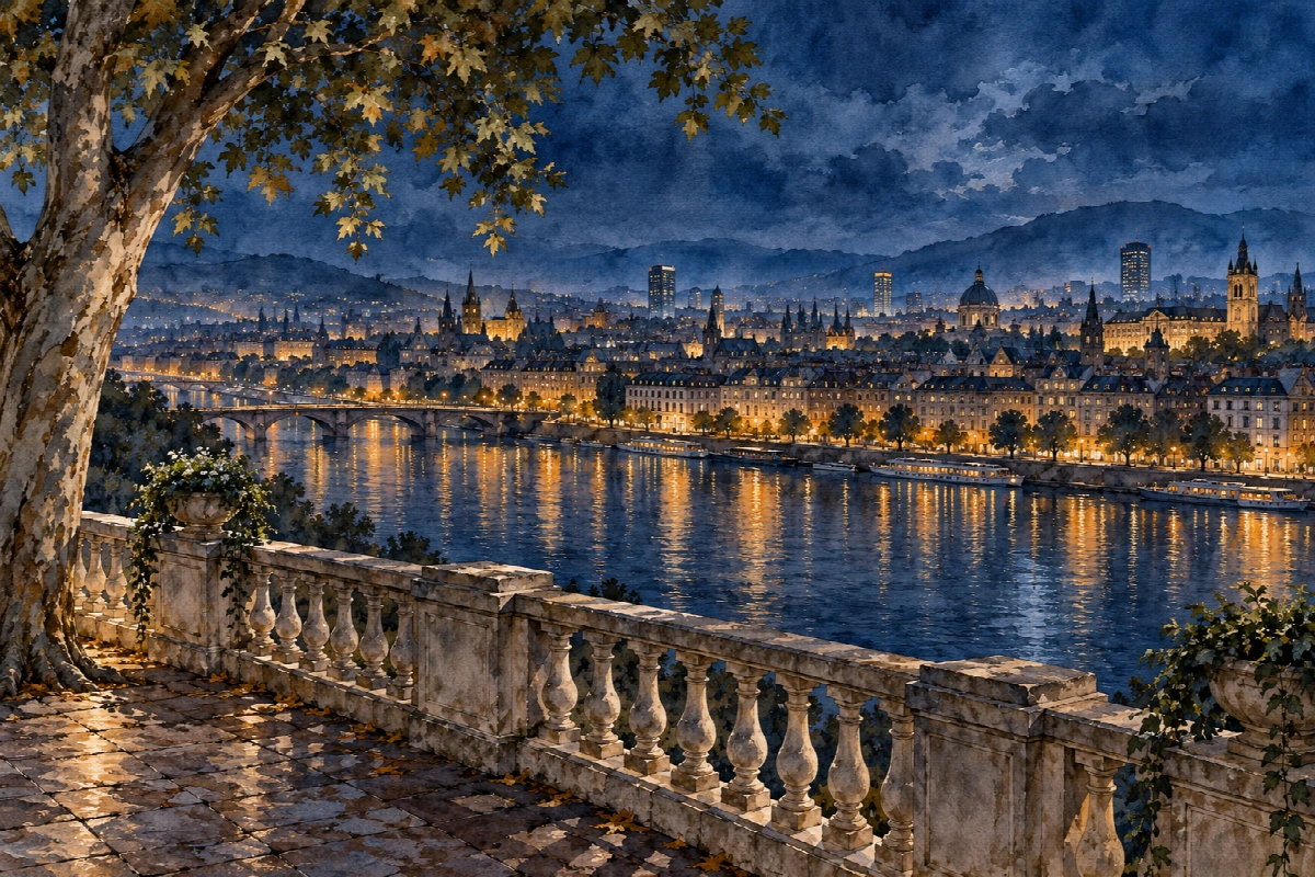 Terrazza sul grande fiume | Stampa su tela città di notte acquerello