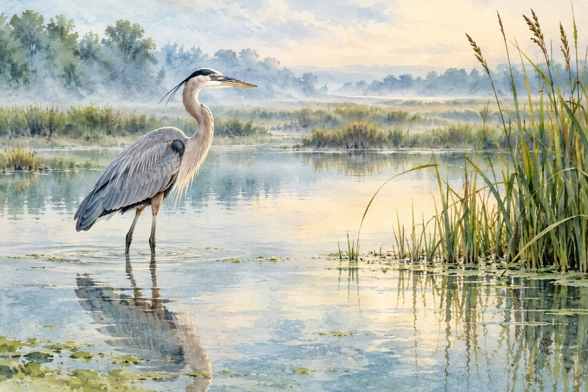 Airone nella laguna | Stampa su tela natura acquerello