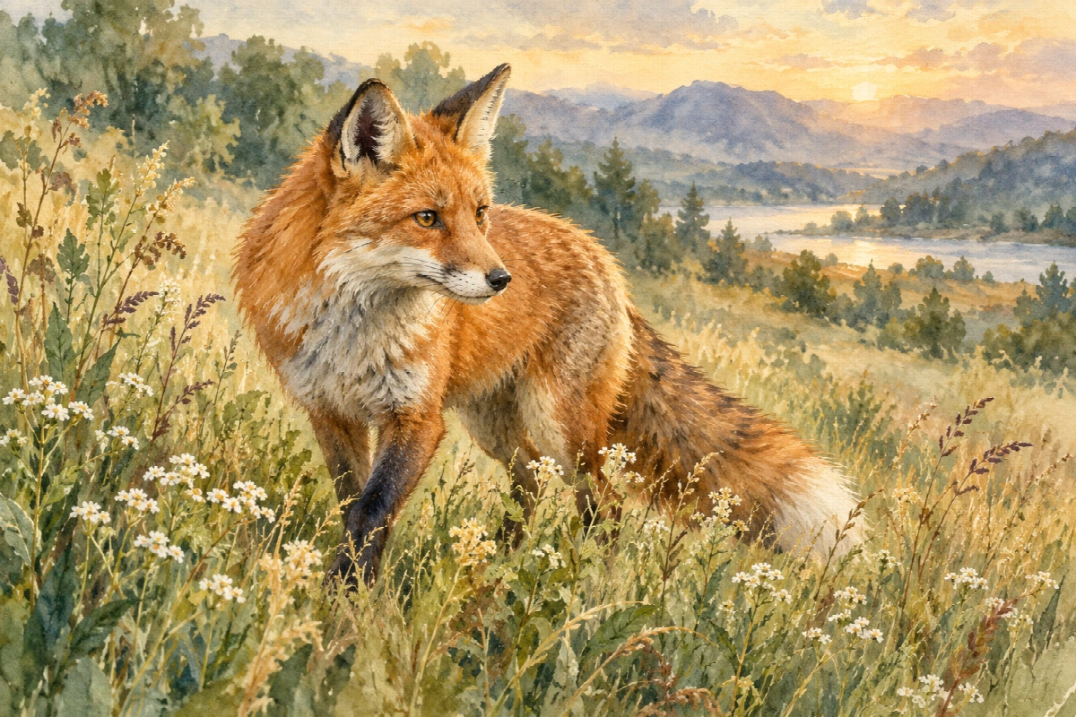 Volpe tra i fiori di campo | Stampa su tela natura acquerello