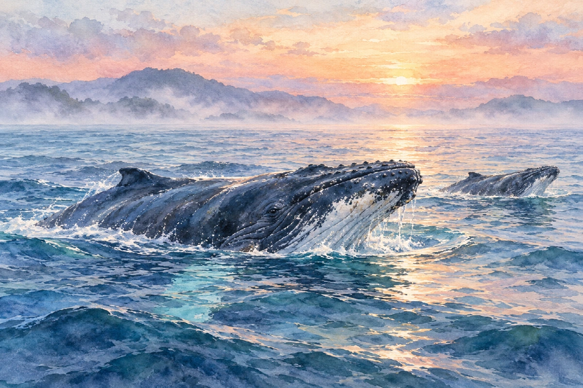 Balene nella luce del mattino | Stampa su tela natura acquerello