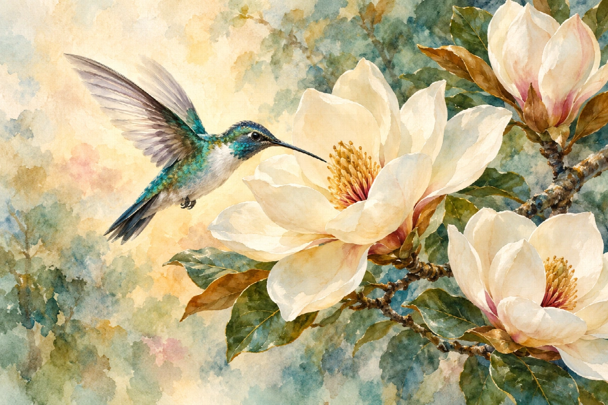 Colibri tra le magnolie | Stampa su tela natura acquerello