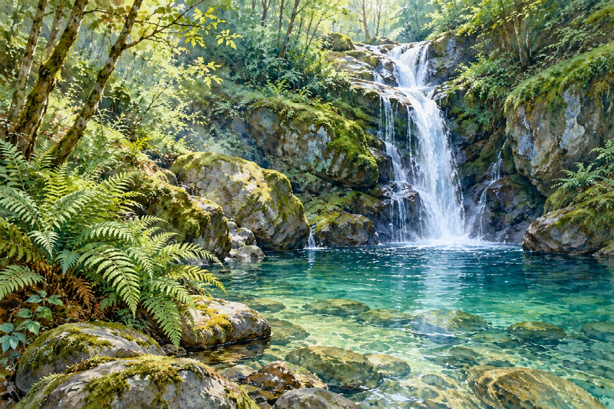 Cascata nel bosco | Stampa su tela natura acquerello