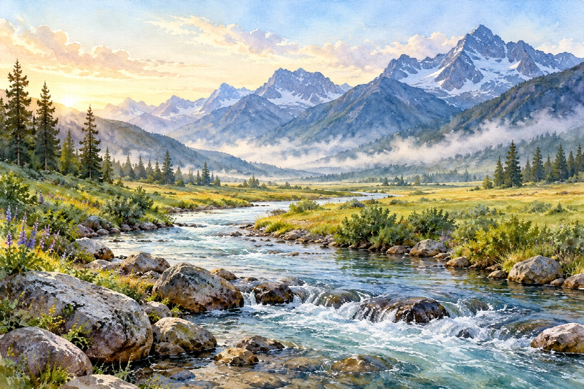Fiume delle cime lontane | Stampa su tela natura acquerello