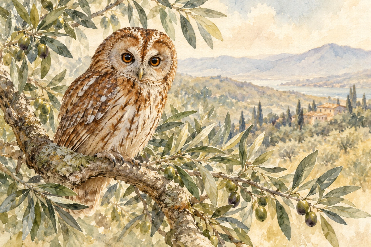 Gufo sul ramo d ulivo | Stampa su tela natura acquerello