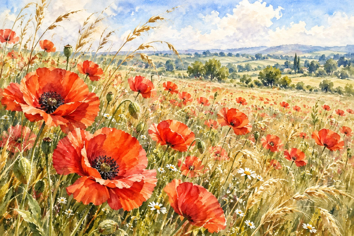 Prato dei papaveri | Stampa su tela natura acquerello