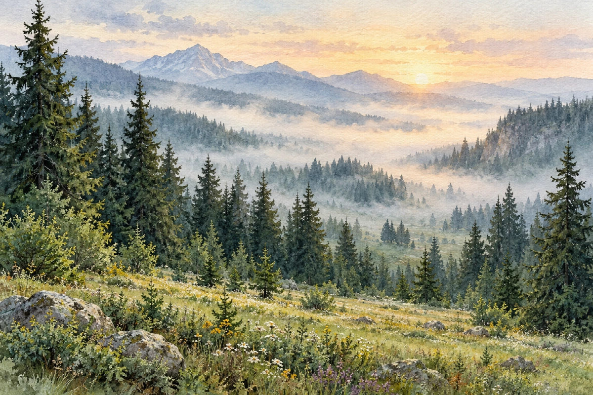Foresta nella nebbia | Stampa su tela natura acquerello