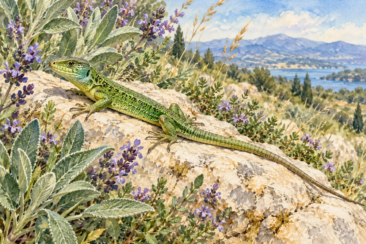 Ramarro nel giardino selvatico | Stampa su tela natura acquerello