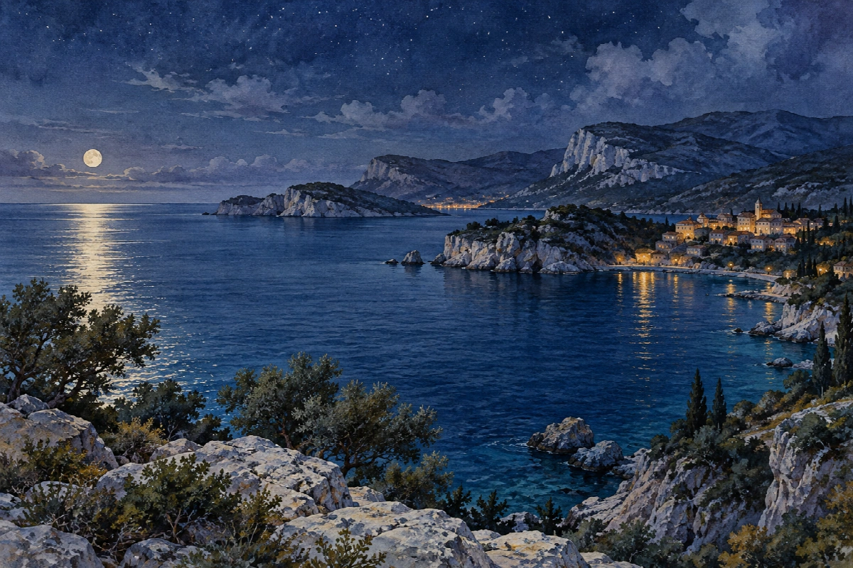 Baia di luna argento | Stampa su tela panorami notturni acquerello