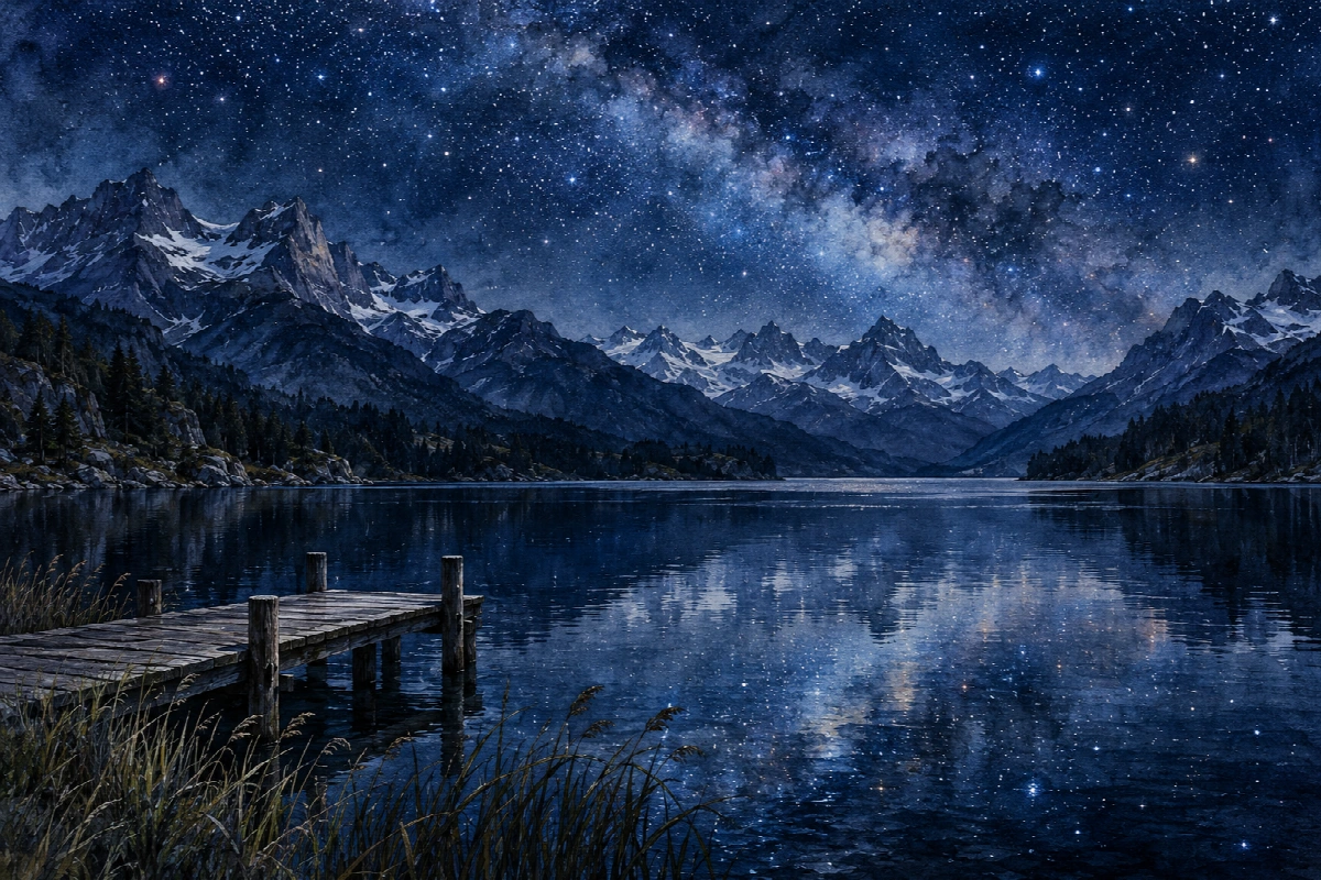 Lago delle stelle riflesse | Stampa su tela panorami notturni acquerello