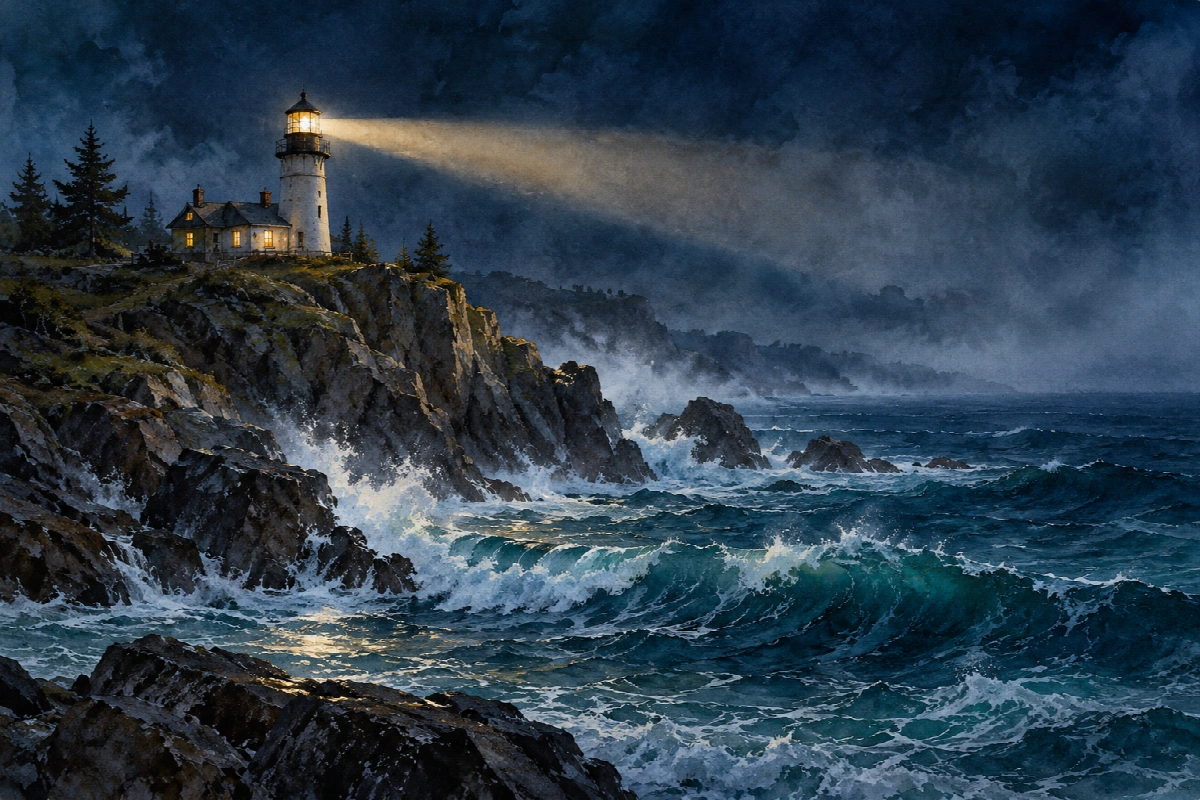 Faro nella notte blu | Stampa su tela panorami notturni acquerello