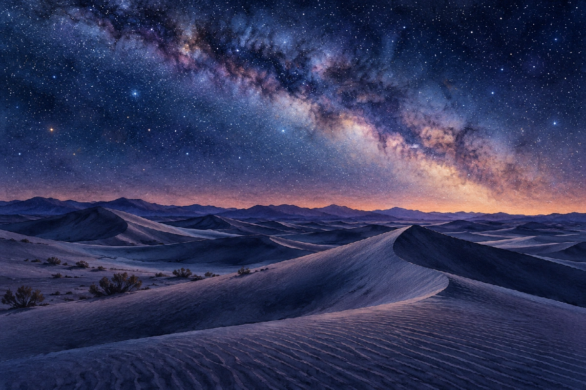 Dune sotto la Via Lattea | Stampa su tela panorami notturni acquerello