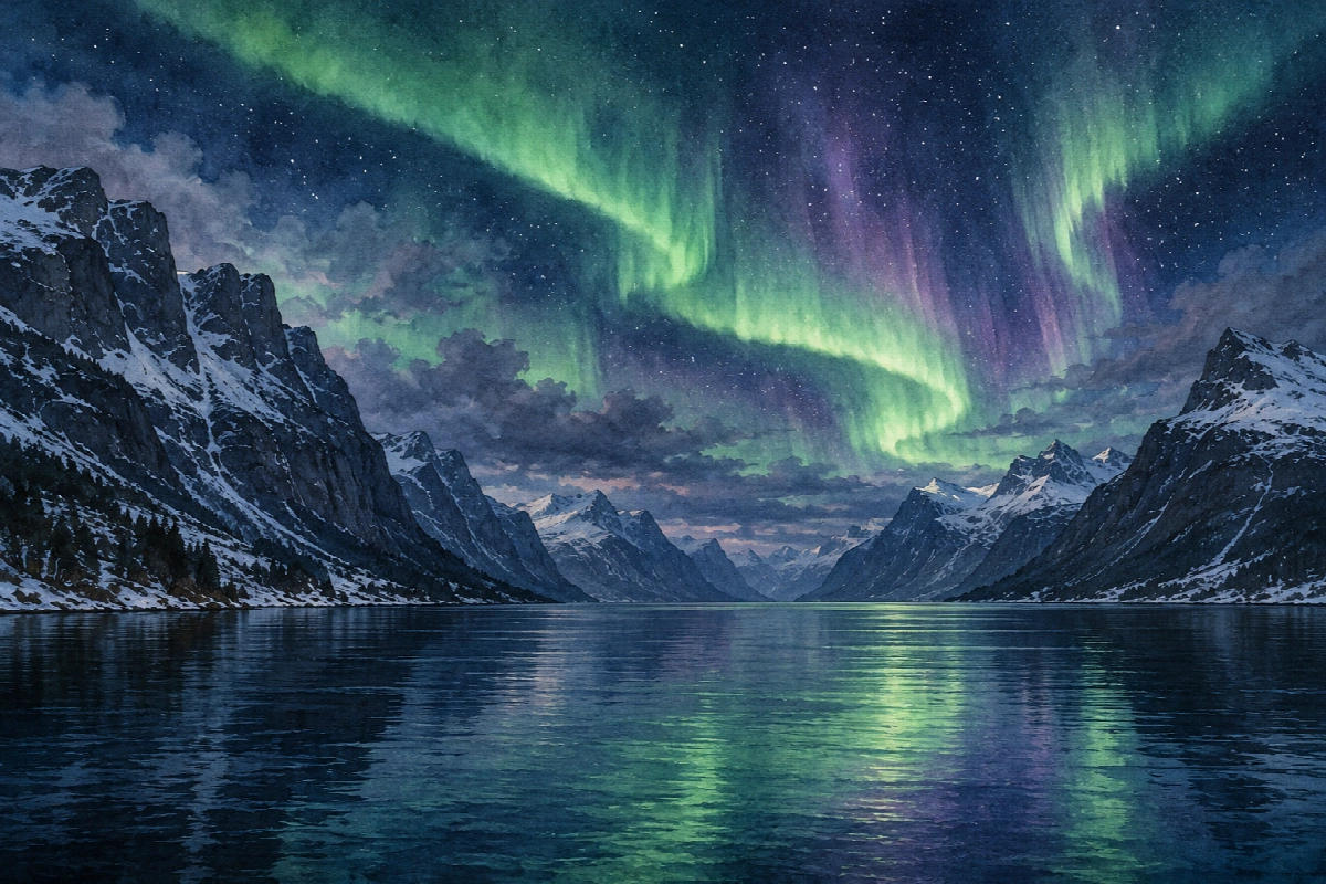 Fiordo delle luci verdi | Stampa su tela panorami notturni acquerello
