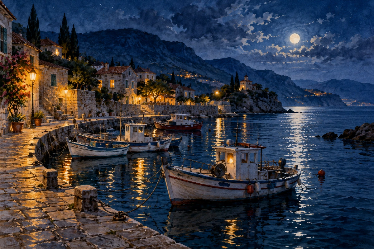 Porto al chiaro di luna | Stampa su tela panorami notturni acquerello
