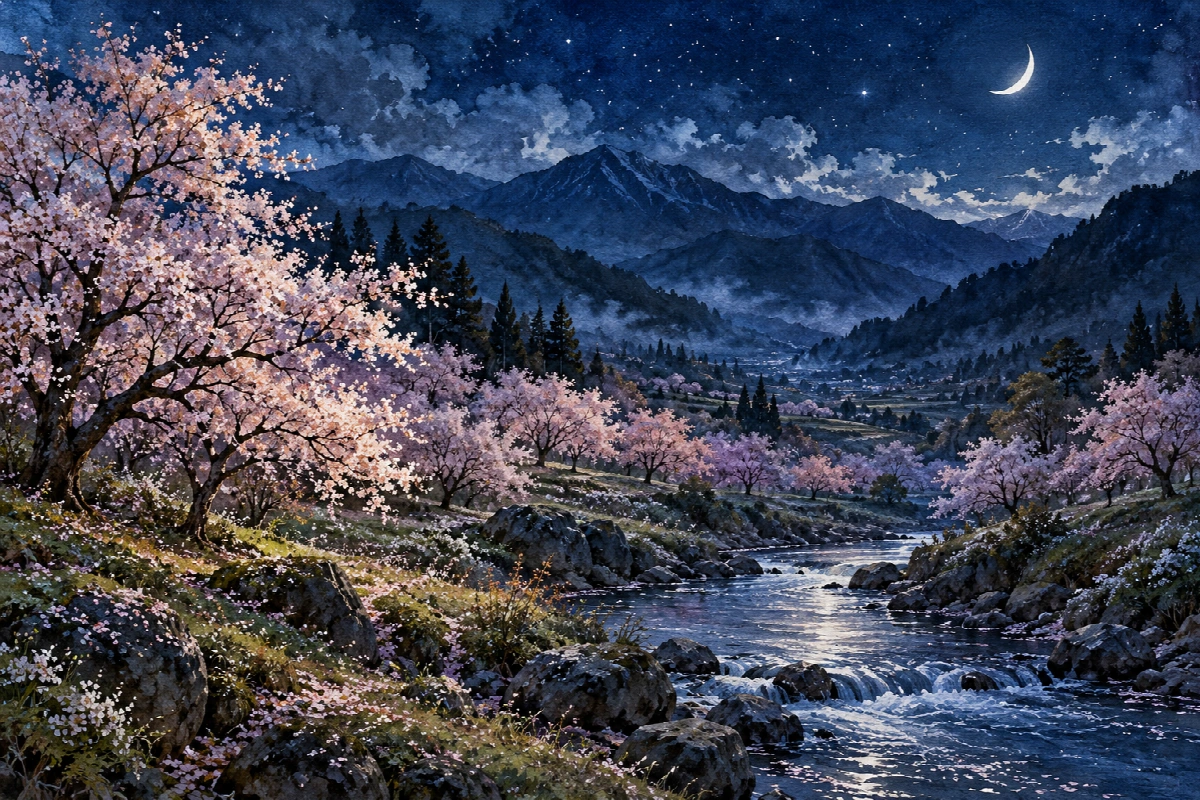 Valle dei ciliegi notturni - immagine completa della stampa su tela