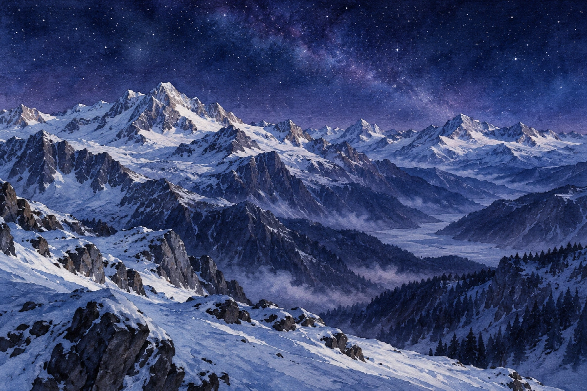 Cime nella notte cristallina | Stampa su tela panorami notturni acquerello