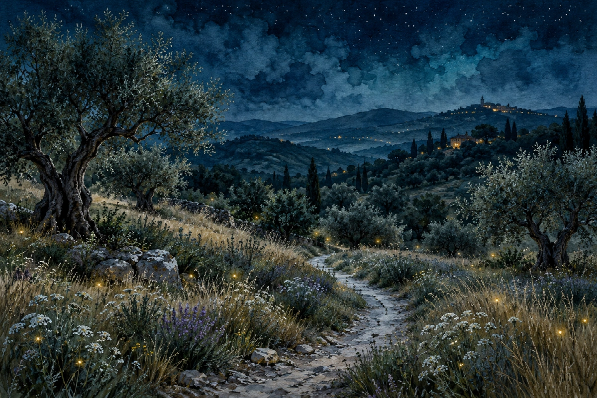 Campagna delle lucciole | Stampa su tela panorami notturni acquerello