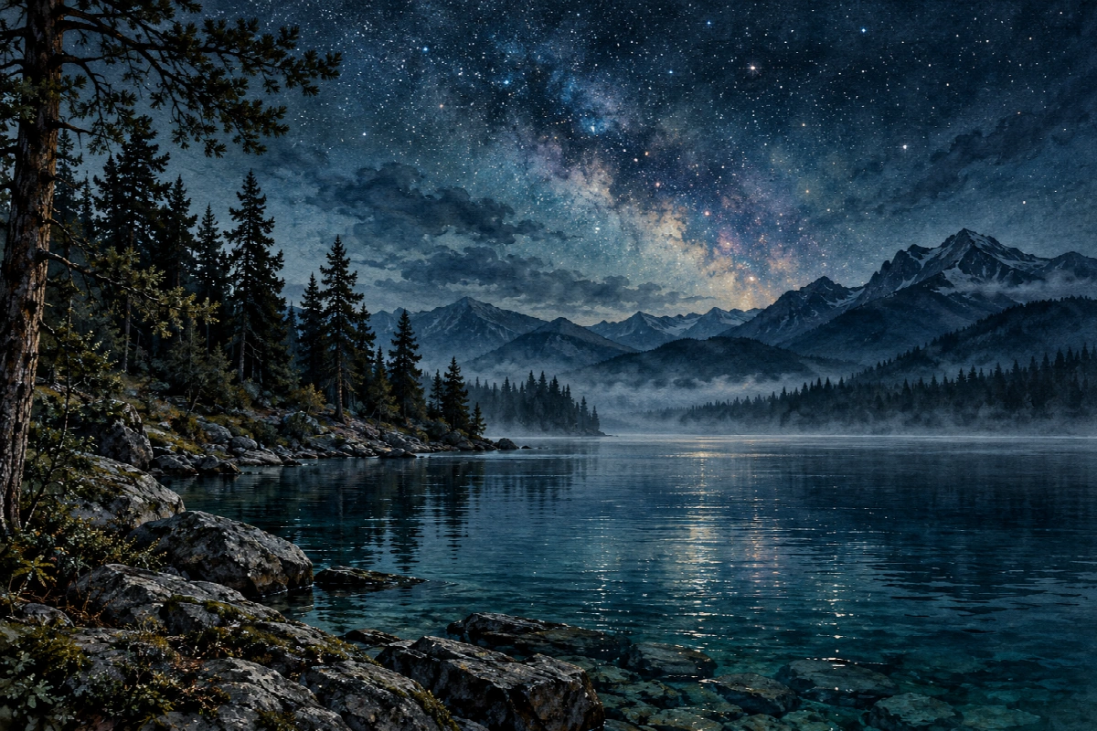 Bosco sul lago di mezzanotte | Stampa su tela panorami notturni acquerello