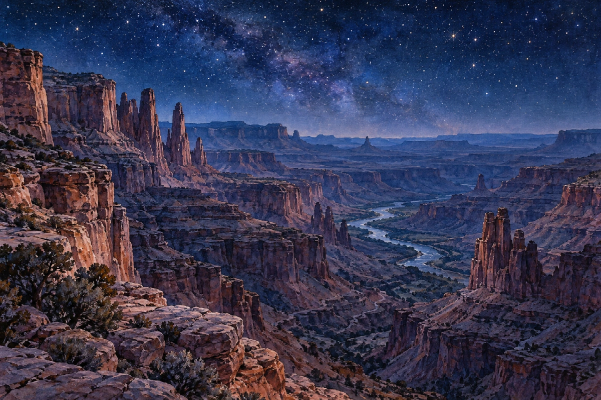 Canyon sotto le stelle | Stampa su tela panorami notturni acquerello