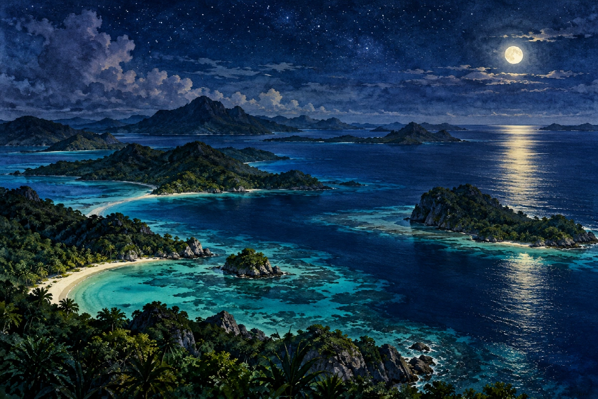 Arcipelago nella notte tropicale | Stampa su tela panorami notturni acquerello