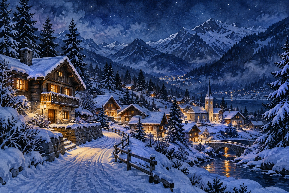 Neve e luci del borgo | Stampa su tela panorami notturni acquerello