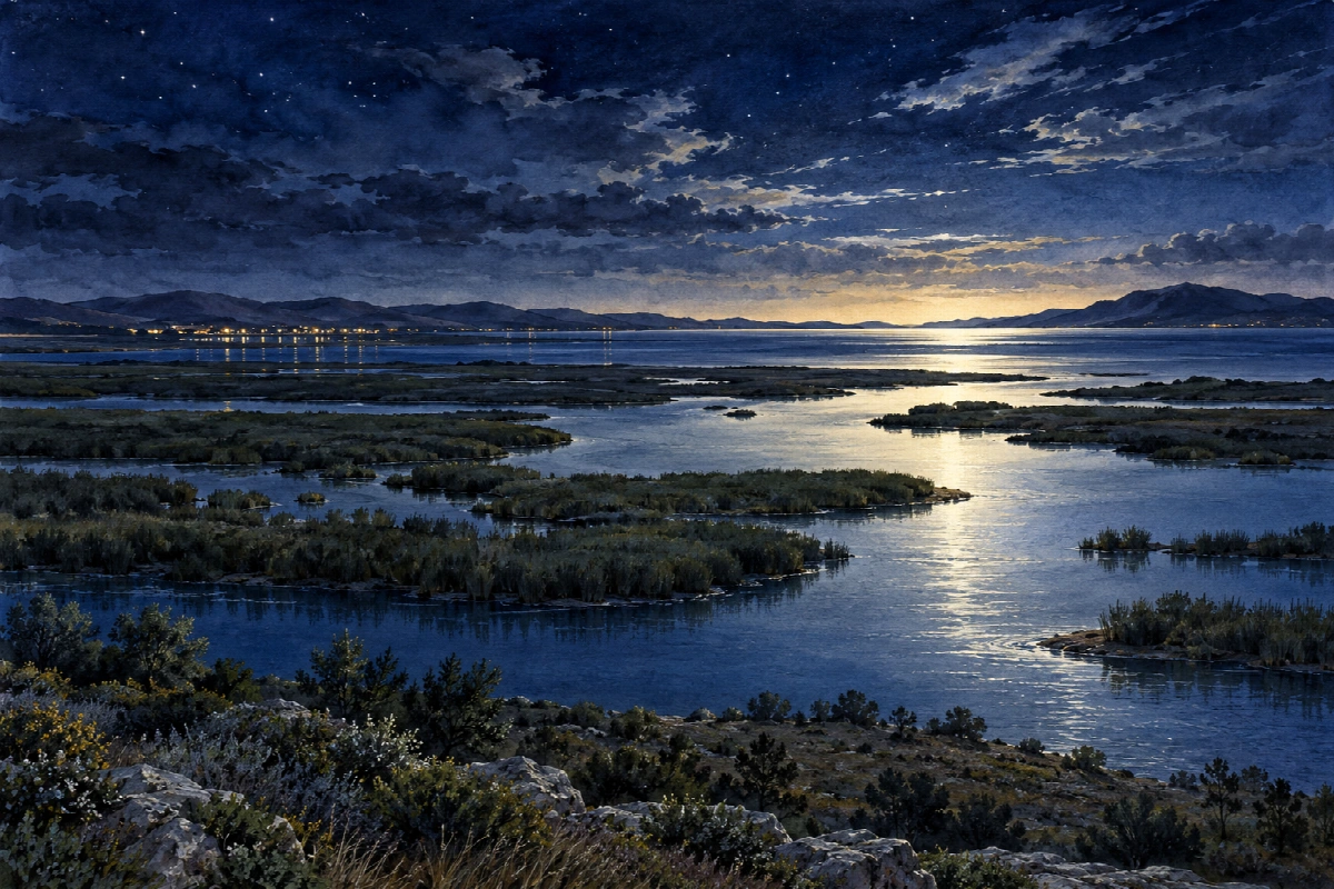 Laguna fra argento e indaco | Stampa su tela panorami notturni acquerello