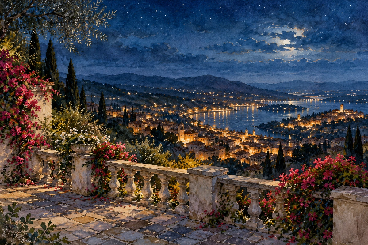 Giardino sopra la città | Stampa su tela panorami notturni acquerello