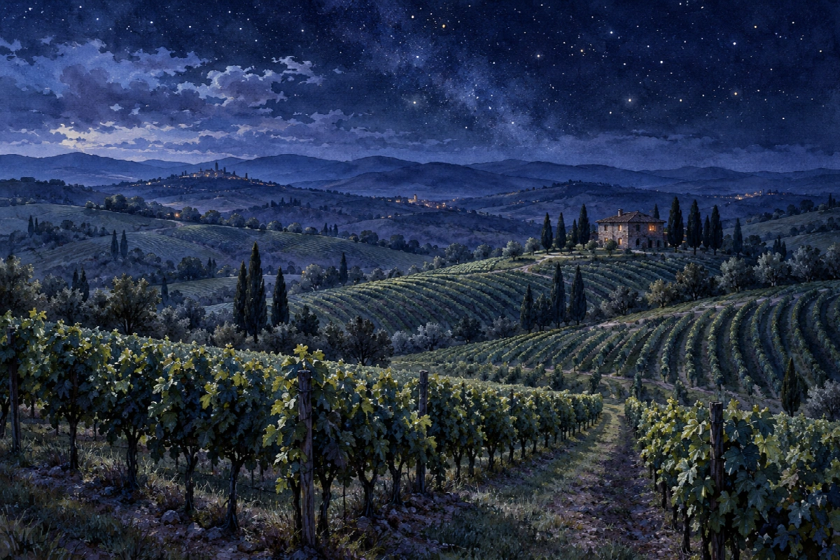 Colline e filari di mezzanotte | Stampa su tela panorami notturni acquerello