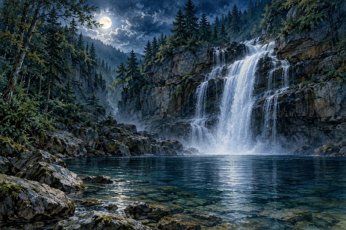 Cascata nella gola blu | Stampa su tela panorami notturni acquerello