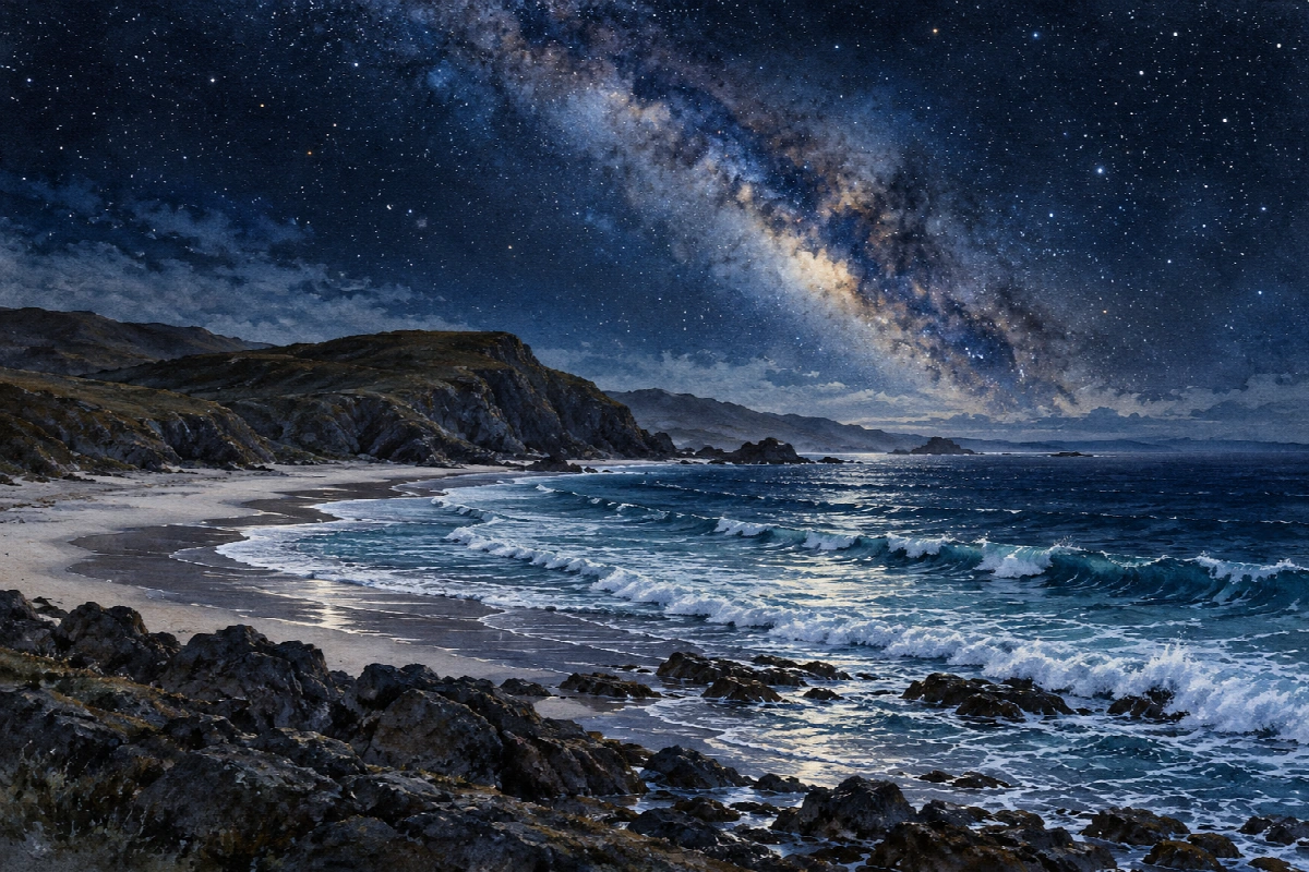 Mare sotto il cielo australe | Stampa su tela panorami notturni acquerello