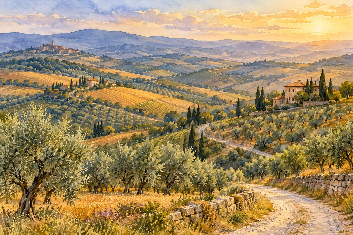 Colline d'ambra | Stampa su tela panorami acquerello