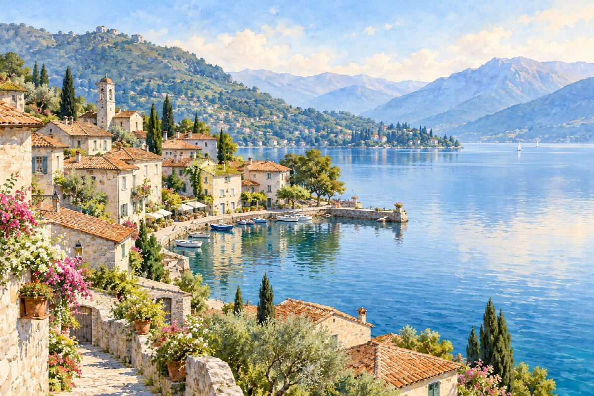 Borgo sul lago | Stampa su tela panorami acquerello