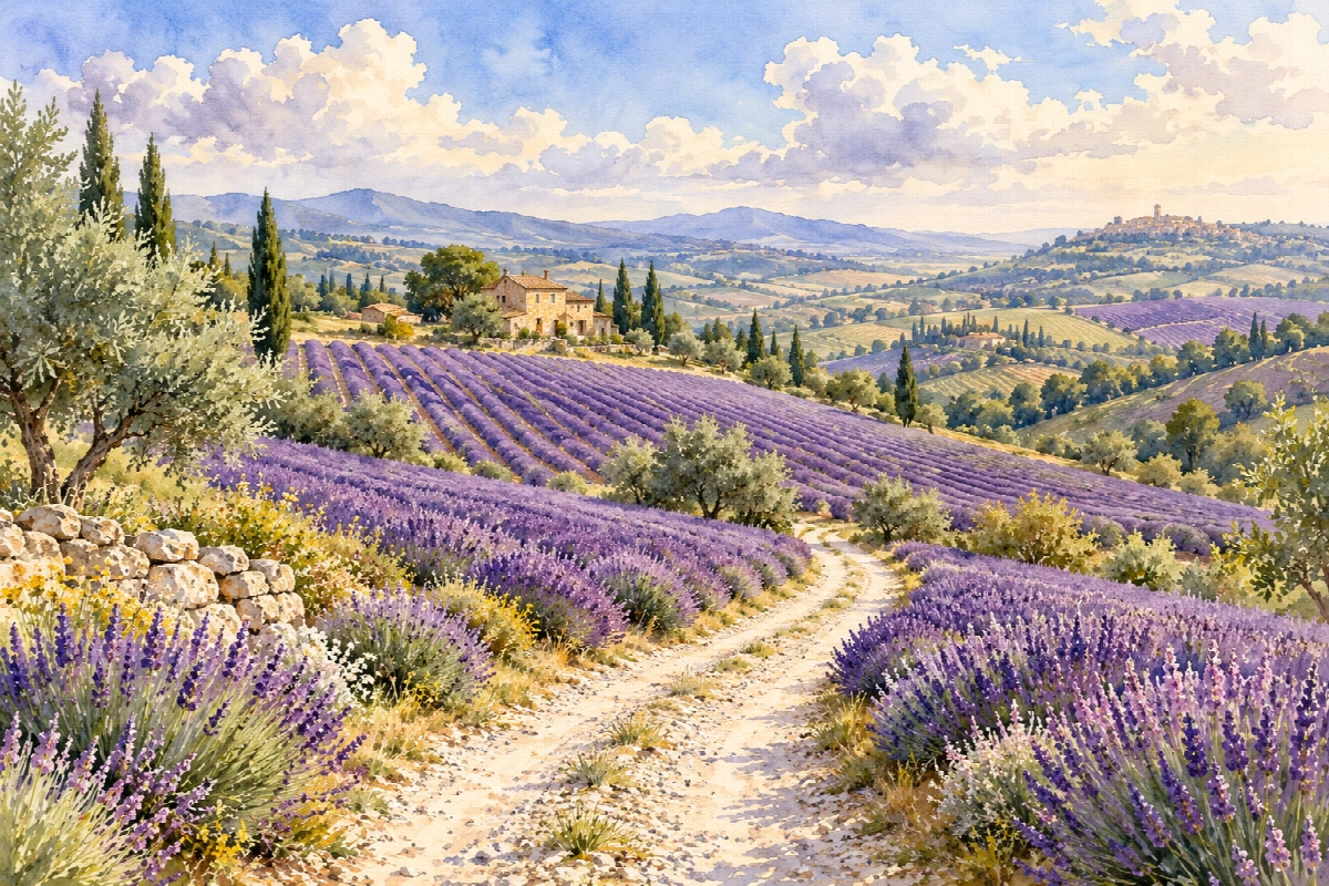 Strade di lavanda | Stampa su tela panorami acquerello