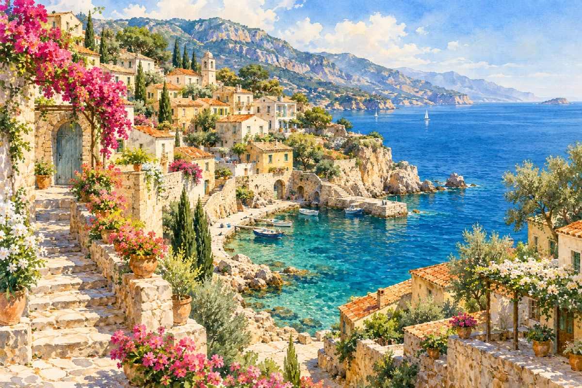 Costiera dei tetti chiari | Stampa su tela panorami acquerello